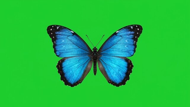 Iridescent blue morpho butterfly flapping wings on green screen