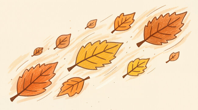 Dry flying leaves: Hand-drawn naive dry autumn leaves flying. Cozy decorative style for fall backgrounds.
