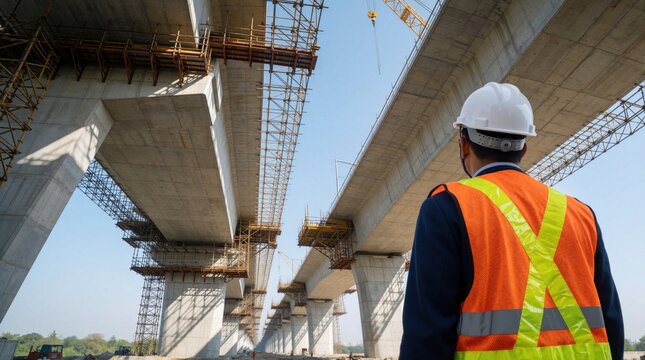 Civil engineer in hard hat, safety vest looks at massive concrete bridge under construction. Worker inspects structural pillars, huge viaduct beams. Large scale infrastructure project development