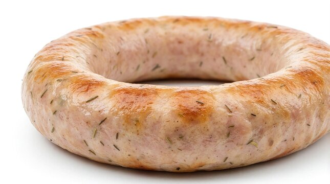 Circular ring of cooked sausage with herbs on white background. Savory meat product shaped like donut. Tasty pork snack for breakfast lunch. Traditional deli food item with spices for culinary use in