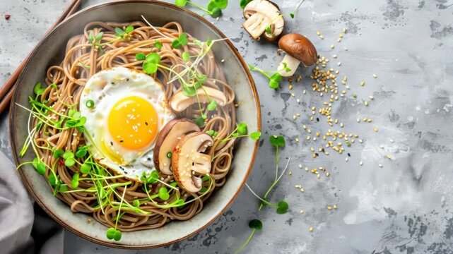 Top View of Savory Noodle Soup with Fried Egg and Shiitake Mushrooms