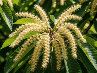 Obraz premium Yellow sweet chestnut flowers bloom on tree branch in spring. Close up of Castanea sativa inflorescence with pollen. Green leaves surround bright blooming flowers in nature. Seasonal botany
