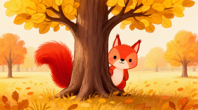 Squirrel portrait: Hand-drawn naive red squirrel in sunny autumn park. Cozy storybook illustration for fall cards.
