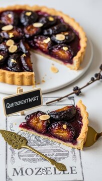A slice of flaky Quetschentaart plum tart with almond cream and edible gold, featuring a miniature brass server, chalkboard, and vine twig on a Moselle vine print against a deep purple background 