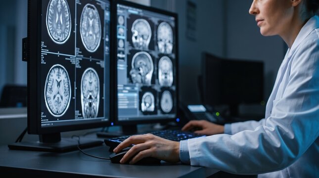 Professional radiologist wearing a white coat analyzes complex human brain imaging scans using computer software in a clinical laboratory setting at