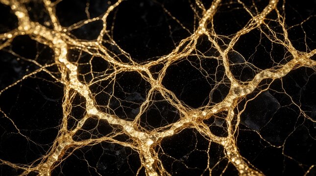 Abstract gold veins network on black background. Glowing organic lines form complex pattern like neural cells root structure. Golden liquid texture shows microscopic connection, science concept.