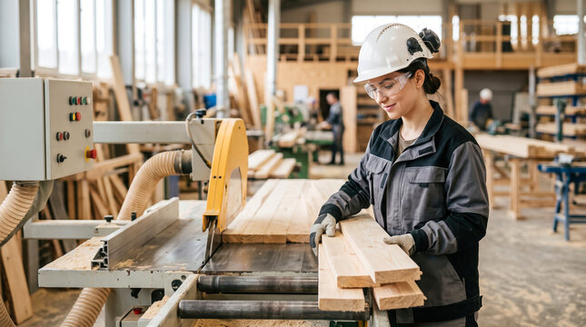 Skilled worker wearing a white hard hat and protective glasses manages a large cutting machine to process timber boards inside a professional