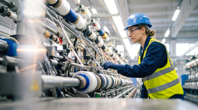 A professional woman in a hard hat and reflective vest monitors spinning spools in a bright textile factory, ensuring high-quality production