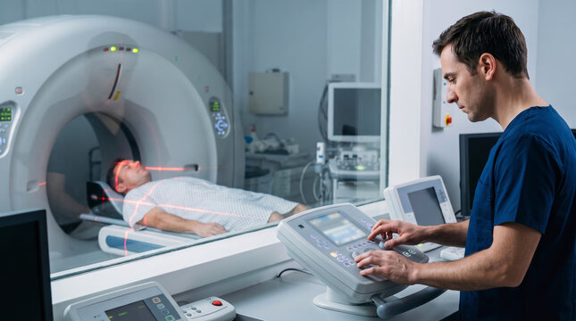 Medical professional manages a computed tomography scanner while a patient receives a head scan during a clinical session inside a modern hospital