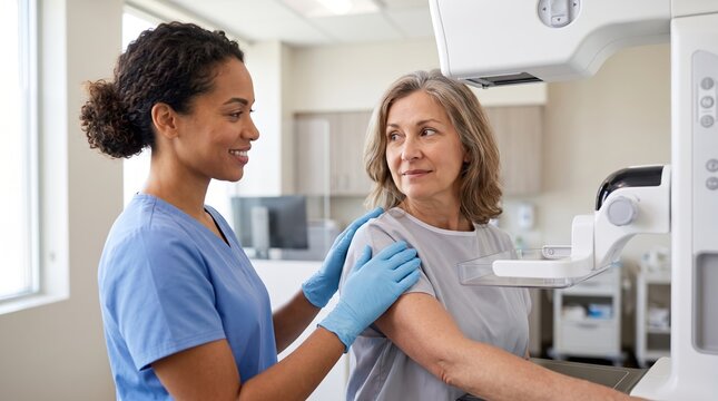 Professional healthcare provider in blue scrubs assists a patient with breast cancer screening during a routine medical checkup at a diagnostic