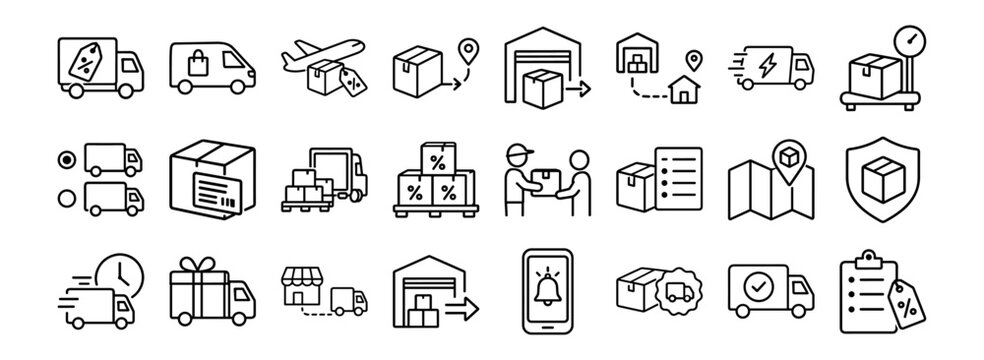Parcel delivery and logistics workflow icons for ecommerce shipping, warehouse handling, tracking, same‑day and scheduled fulfillment, returns and packaging checks &mdash; Outline Icon Set