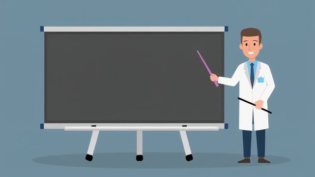 Friendly Male Scientist Beside Blank Display for School Content
