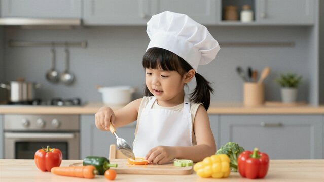 A young child wearing chef hat and apron is pretending to cook with colorful toy vegetables on a wooden kitchen counter.