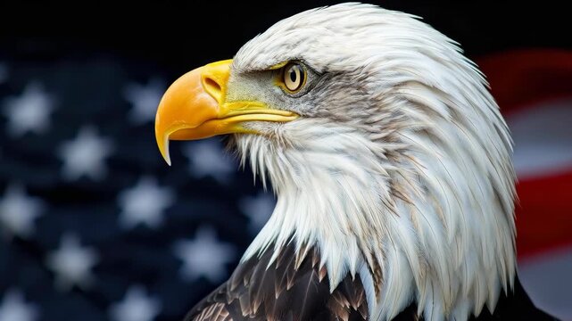 Bald Eagle Head Profile with Blurred American Flag