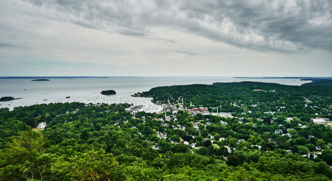 the town of Camden, and Penobscot Bay from the summit of Mount Battie in Camden Hills State Park, Maine, New England