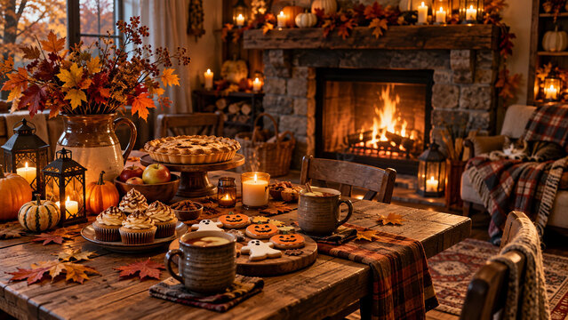 Cozy autumn living room with Halloween treats and fireplace