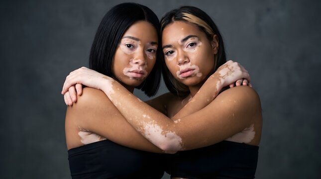 Two diverse young women with vitiligo skin condition embracing each other in a studio portrait highlighting authentic natural beauty and confidence