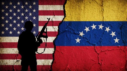 Obraz premium US, Venezuela flags split by crack with armed soldier silhouette. Military man holds rifle against background of divided nations. Symbol of political conflict, geopolitical crisis, war threat,