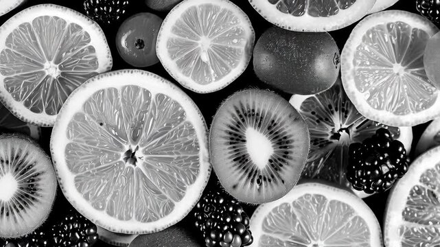 Monochrome Close-up of Sliced Lemon, Lime, and Kiwi Fruit