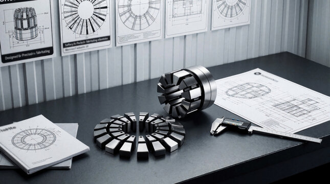 Disassembled metal collet parts lie on workshop workbench near technical drawings, calipers. Precision engineering tool components ready for maintenance repair. Industrial technician workspace with