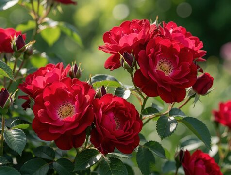 Red rose flowers bloom in green summer garden. Beautiful Roter Korsar rose bush with bright petals, leaves. Close up of vibrant floral blossoms in nature during sunny day. Romantic red flora grows in