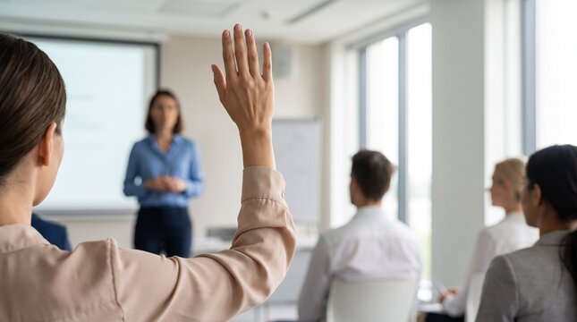 Mujer de negocios levantando la mano para hacer una pregunta o participar durante un seminario de capacitaci&oacute;n corporativa