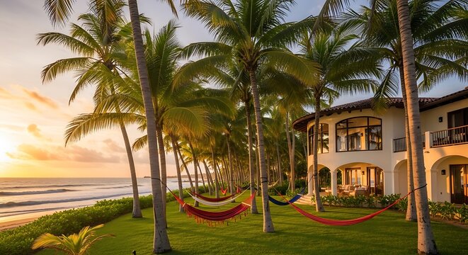 Luxury beach villa exterior with hammocks under palm trees at golden hour tropical vacation paradise architecture