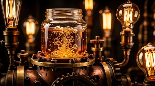 Amber liquid with bubbles inside glass jar sits on vintage steampunk machine. Brass gears, metal pipes, glowing light bulbs create industrial lab atmosphere. Retro science apparatus with warm light