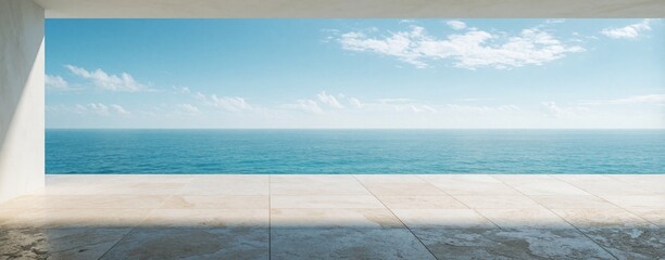 Fototapeta premium Empty luxury terrace with stone floor overlooks vast blue ocean. Modern balcony with wide view of sea, sky. Peaceful waterfront patio provides perfect place for relaxation, holiday. Minimalist