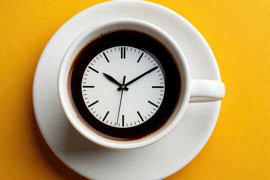 Close up top view of coffee cup with clock face inside dark liquid. Morning routine concept with caffeine, time management. Concept of waking up early, breakfast time, daily schedule, feeling rushed