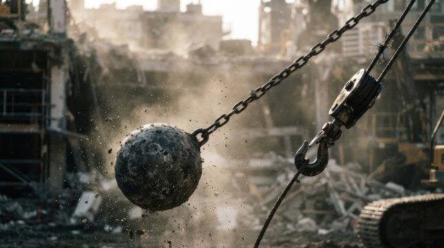 Crawler crane cable and wrecking ball swinging amid dust and debris at a demolition construction site.