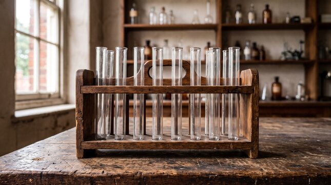 Vintage Glass Test Tubes in Wooden Rack Inside Traditional Laboratory