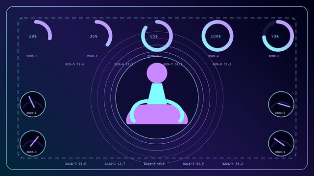 A stress assessment interface displaying circular data gauges and a central joystick control icon in a digital environment with blue and purple glowing neon light elements