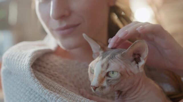 Close up view shows sphynx cat with light green eyes partially wrapped in fabric. hand gently pets cat head while another person smiles softly nearby hairless