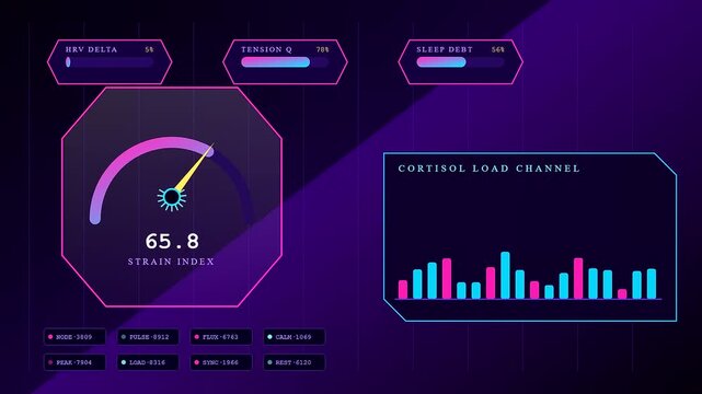 A digital stress assessment interface displaying multiple metrics and gauges with glowing neon purple elements that change in real time on a dark geometric grid surface