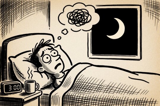 Anxious man lies awake in bed at night. Restless person suffers from insomnia, mental stress under dark sky. Messy thoughts cloud brain moon shines through window. Midnight clock shows 3 during