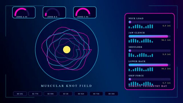A digital stress assessment interface displays fluctuating colorful wave lines tracking muscular activity levels on three panels showing changing metrics for clinical research data analytics monitor