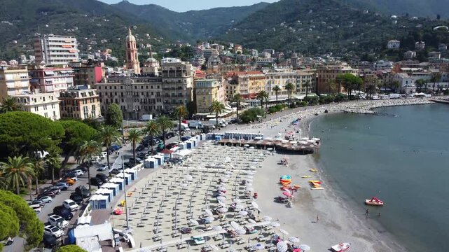 Aerial view of Rapallo Coastline Panorama in Rapallo, Italian Riviera, Liguria, Italy - 4K drone footage