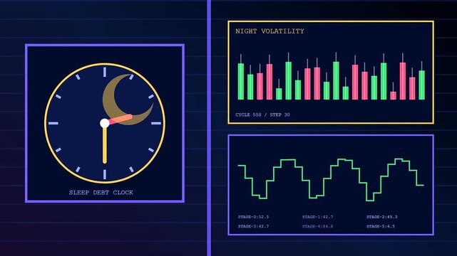 A digital stress assessment is presented through animated circular clocks with moon phase icons and vibrating frequency bar charts on a dark navy blue grid panel