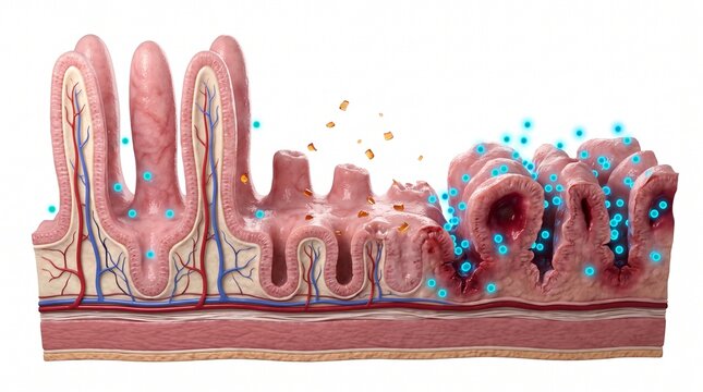 Gastroenterology: Celiac disease progression from healthy intestinal villi to gluten-induced damage