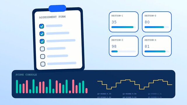 A digital stress assessment is presented through animated clipboard icons displaying changing numerical metrics and bar charts on a soft blue gradient screen for data analytics