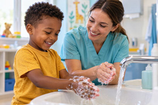 Ein Kind w&auml;scht im Pflegezimmer gemeinsam mit einer Betreuungsperson die H&auml;nde. Die freundliche Anleitung vermittelt wichtige Hygieneregeln und unterst&uuml;tzt gesunde Routinen bei jungen Patientinnen und