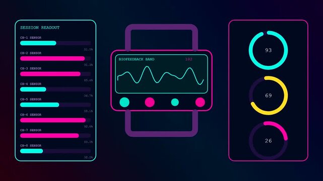 A digital stress assessment interface displaying various biofeedback data streams as shifting neon charts and glowing circular metrics on dark screens for health tracking and medical monitoring