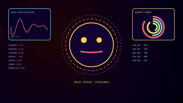 A stress assessment dashboard displays digital emotion indicators showing changing facial icons and circular data charts tracking mental health vitals on a dark purple monitor screen