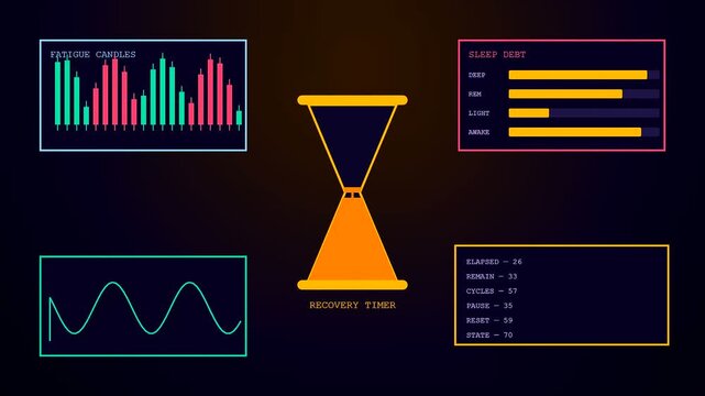 a clinical stress assessment interface displays flowing waveform monitors alongside ticking hourglass timers and sleep duration bar charts within a dark digital monitoring system dashboard setup