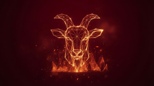 Abstract Geometric Goat Head with Fiery Glow and Particles.