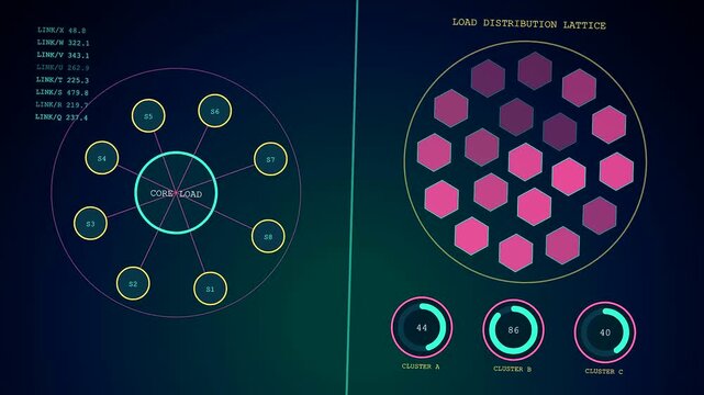 a futuristic stress assessment display features shifting data nodes and pulsating geometric patterns as vibrant circles monitor network health within this dark digital interface panel