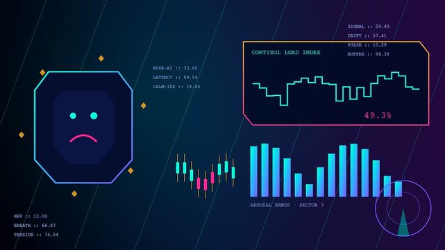 Medical software displaying stress assessment metrics through changing digital face icons with fluctuating data graphs and bar charts on a dark blue glowing interface screen grid