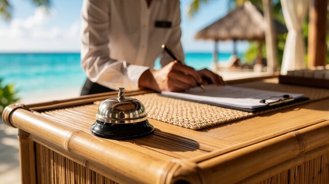 Metal service bell sits on bamboo desk at tropical resort. Staff member writes on clipboard near ocean view. Reception desk in seaside hotel offers guest assistance, hospitality service in sunny