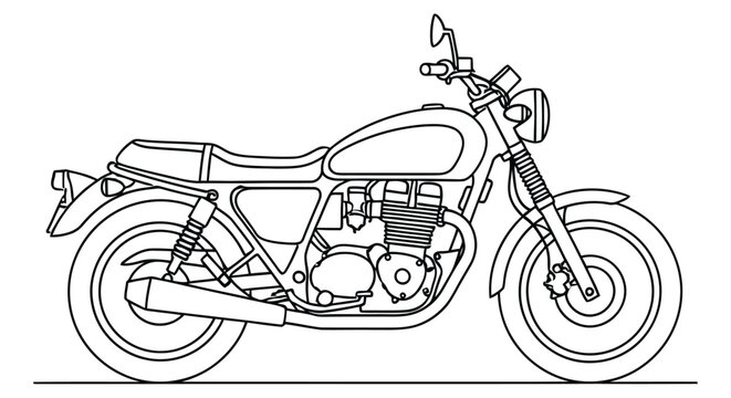 Line art illustration depicts a classic motorcycle with detailed components and a side view
